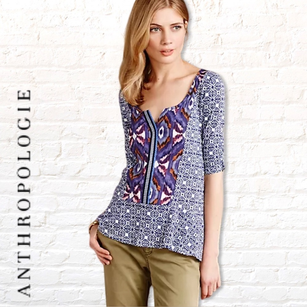 Anthropologie Akemi + Kim Ikat Kaleidoscope Blouse Size Medium Blue Boho Top